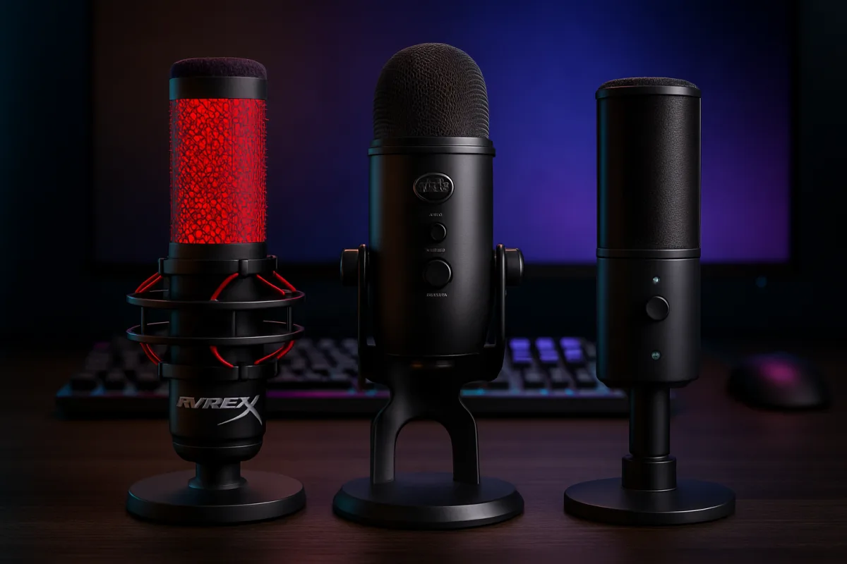 Best gaming microphones setup including HyperX QuadCast, Blue Yeti, and Razer Seiren X.