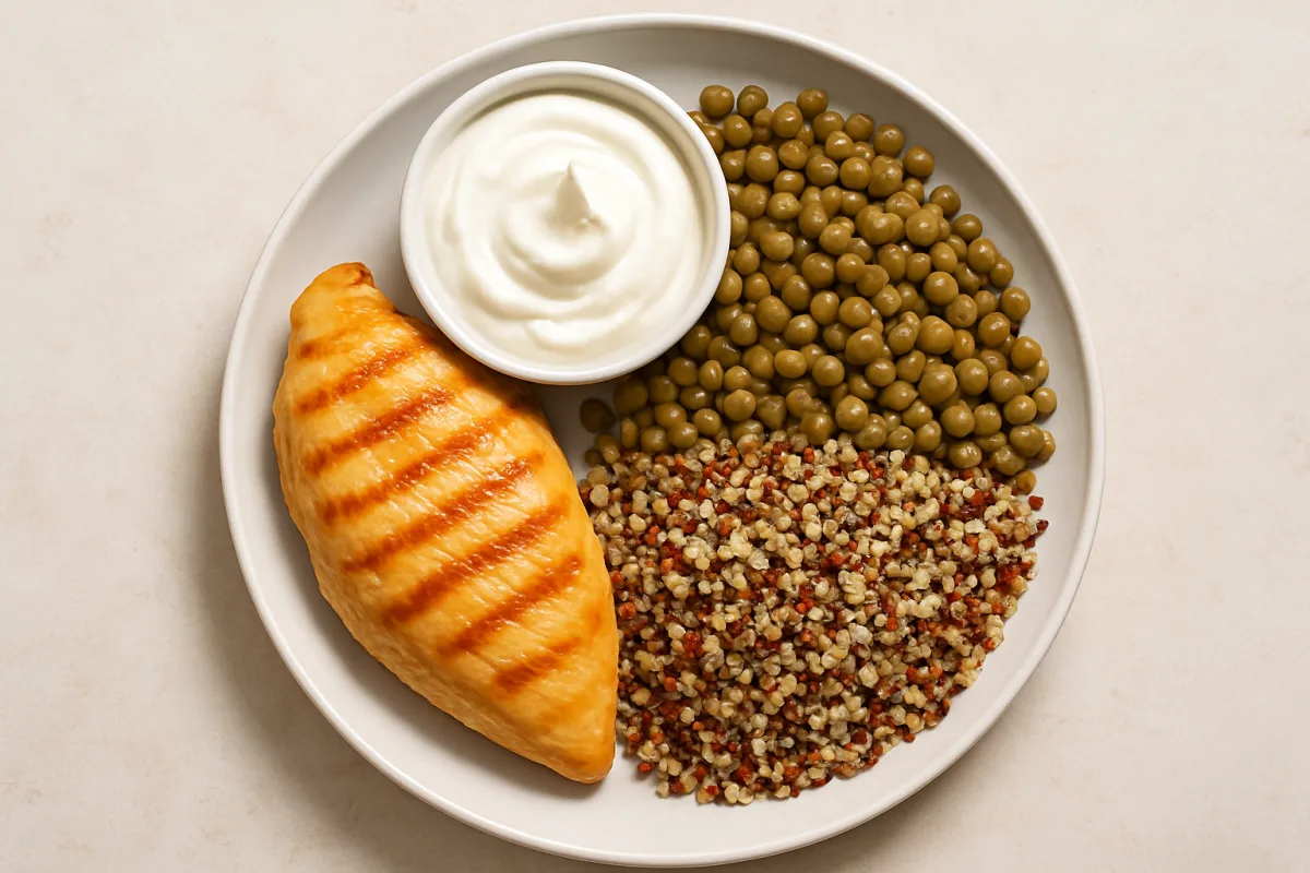 High protein foods including chicken breast, Greek yogurt, lentils, and quinoa.
