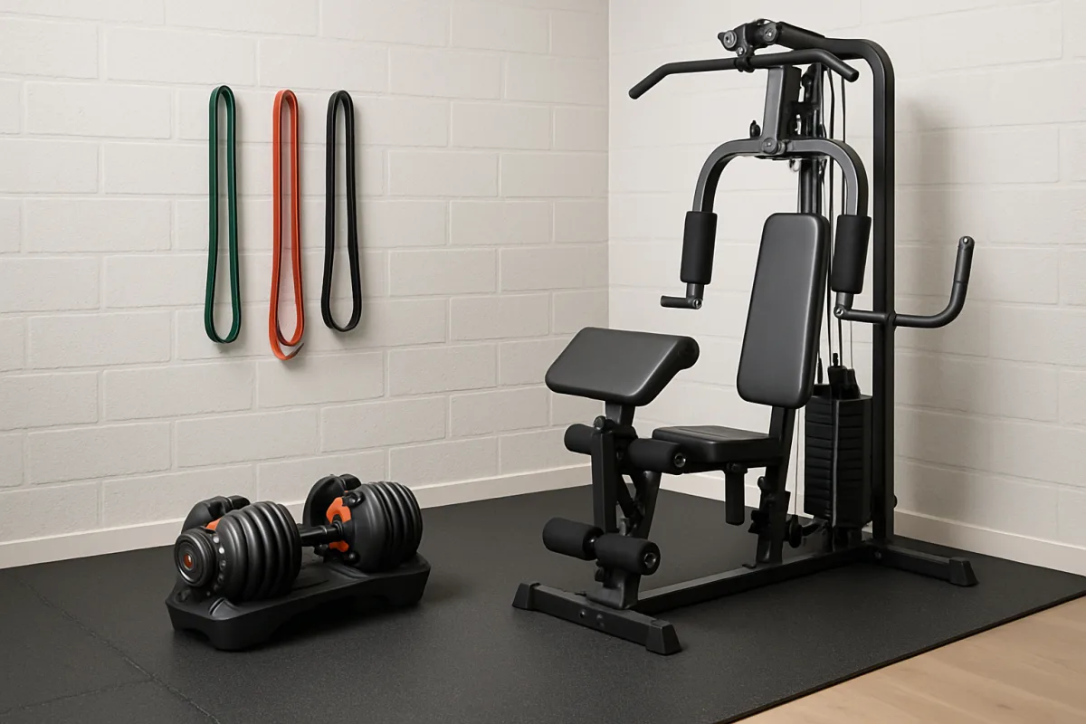 Best home gym equipment setup with adjustable dumbbells and resistance bands.