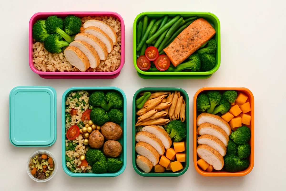 Meal prep ideas with colorful containers and balanced meals.