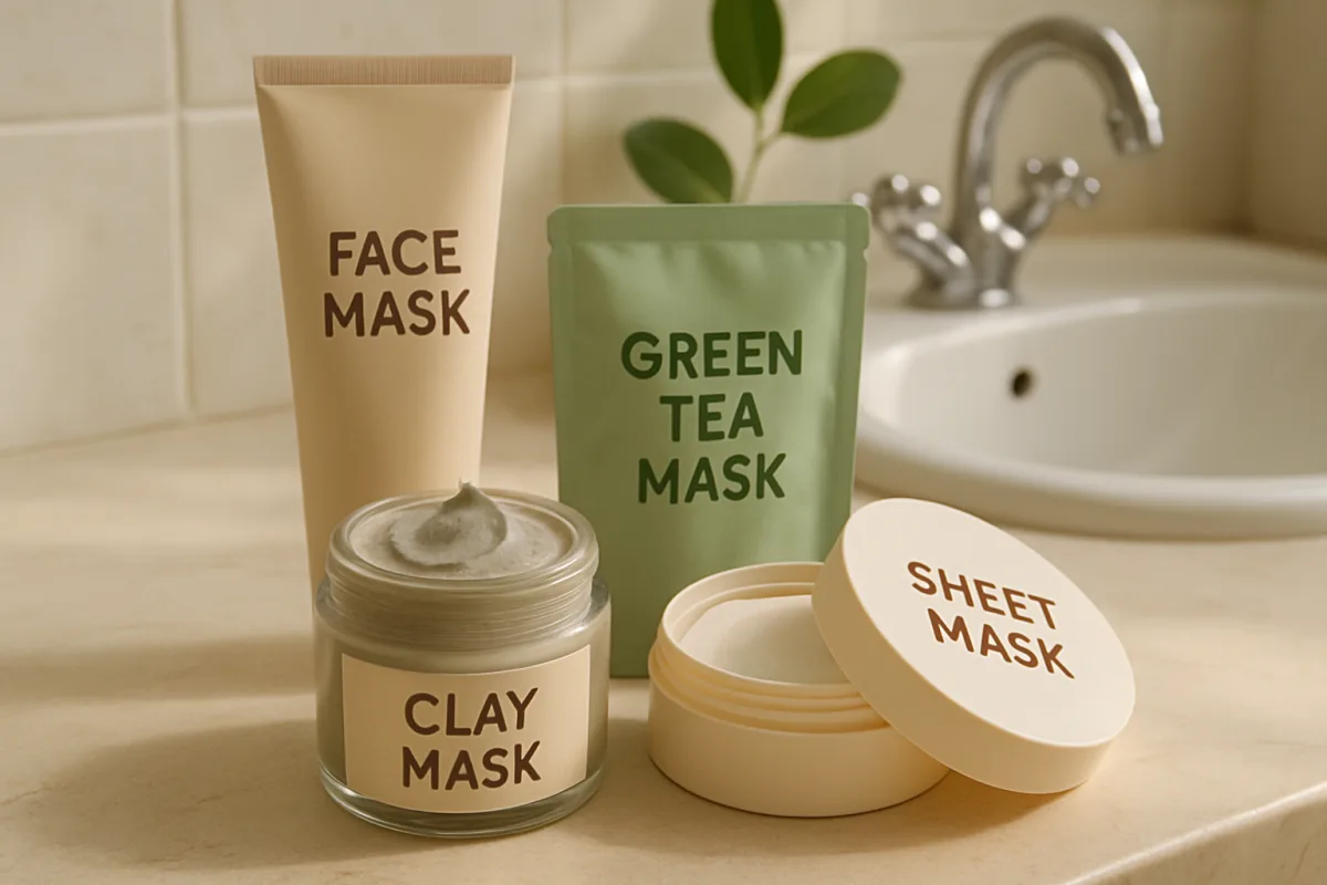 face masks displayed in a serene bathroom setting