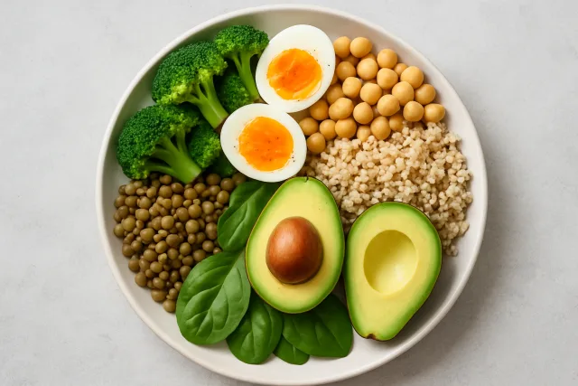 Foods that keep you full longer including eggs, legumes, and avocados.
