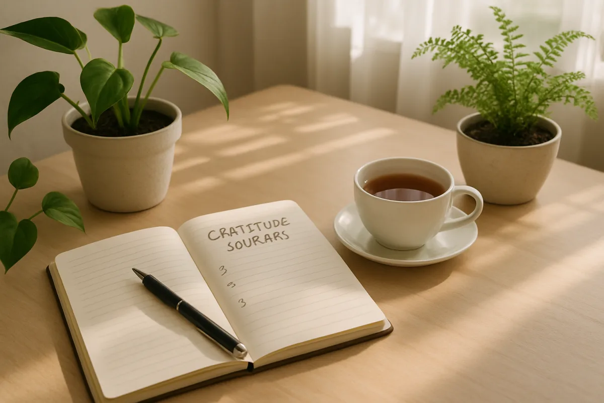 Gratitude journal prompts with a journal and pen