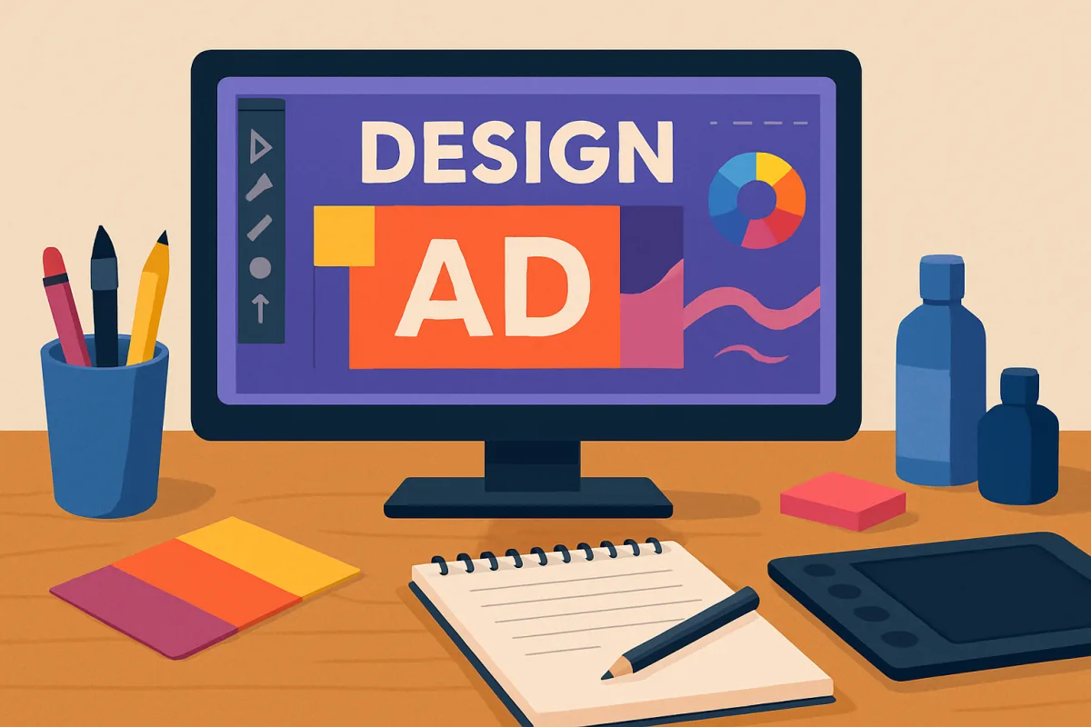 Creating better ad creatives workspace with design tools and graphics.