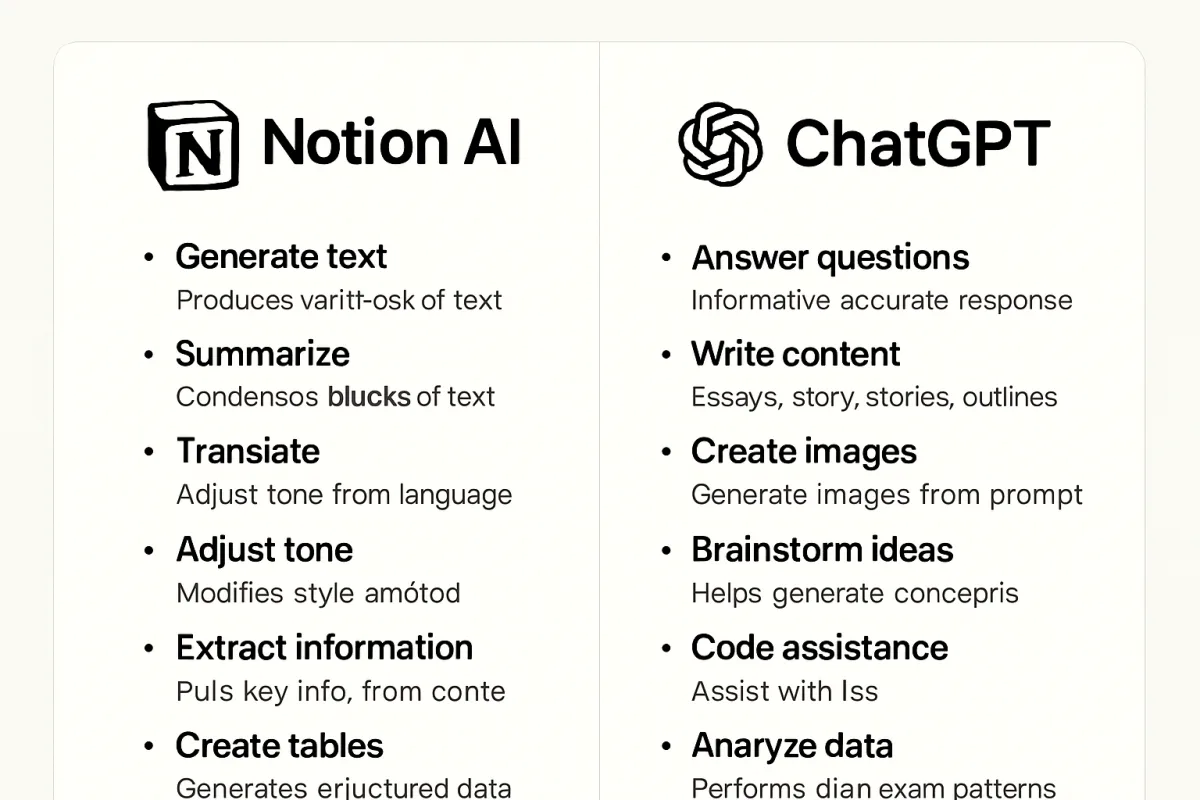 Comparison of Notion AI and ChatGPT functionalities