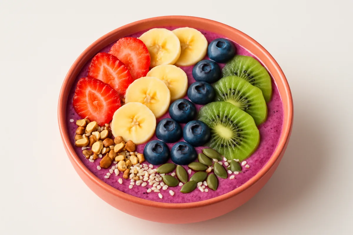 Nutrient dense smoothie bowl with fruits and seeds