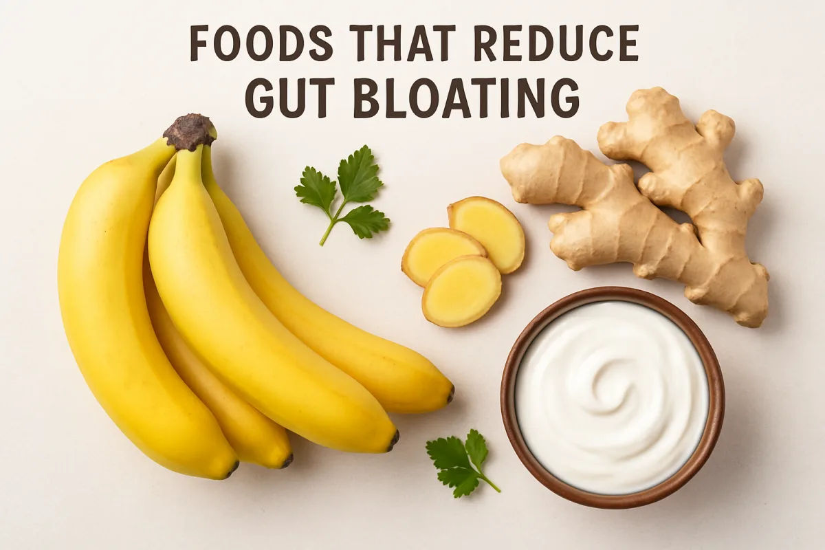 Foods that reduce gut bloating including bananas, ginger, and yogurt