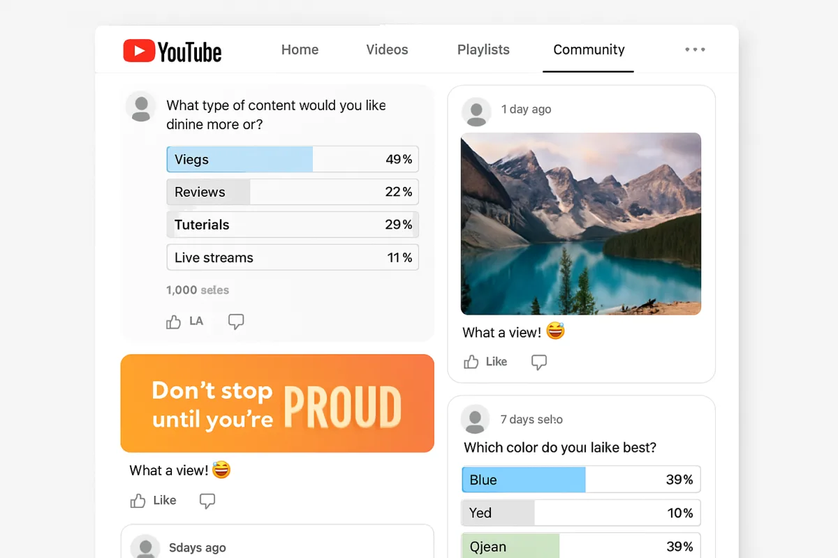 YouTube Community Tab Strategy interface with polls and images